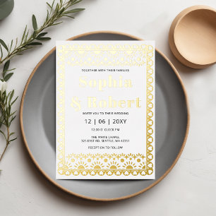 Invitación Con Relieve Metalizado Boda Bohemia Fiesta Mexicana Papel Picado