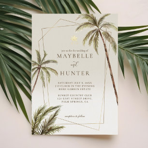 Invitación Con Relieve Metalizado Boda Bohemiana de Acuarela Tropical con Palmeras