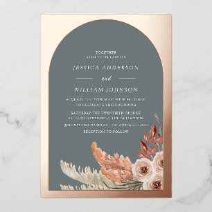 Invitación Con Relieve Metalizado Boda Bohemiana Floral Boho Moderno Rosa Dorado
