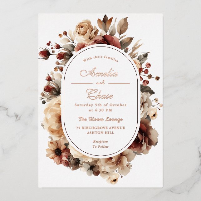 Invitación Con Relieve Metalizado Boda Bohemio Frame Floral Gold (Anverso)