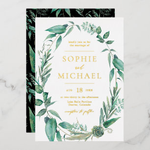 Invitación Con Relieve Metalizado Boda Boho Acuarela Verde y Suculentas