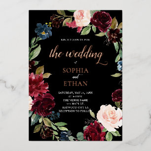 Invitación Con Relieve Metalizado Boda Boho Burgundy Flores Azules Escritura