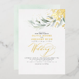 Invitación Con Relieve Metalizado Boda Boho de elegante vegetación con lámina de oro