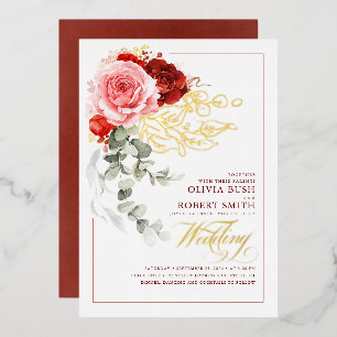 Invitación Con Relieve Metalizado Boda Boho de Flores Rosadas Rojas de Borgoña Eucal