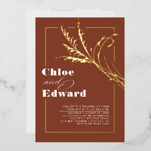 Invitación Con Relieve Metalizado Boda Boho de Hierba Pampas Moderna Terracota