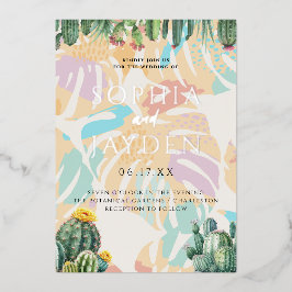Invitación Con Relieve Metalizado Boda Boho Desierto Palma Tropical Cactus