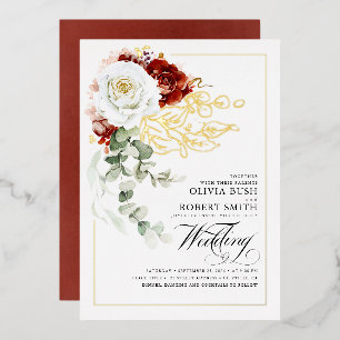 Invitación Con Relieve Metalizado Boda Boho Elegante con Flores Rojas y Blancas de B