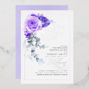 Invitación Con Relieve Metalizado Boda Boho Floral de Hoja de Plata y Púrpura Lavand