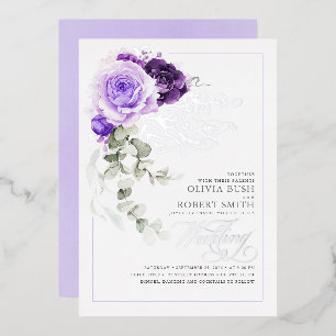 Invitación Con Relieve Metalizado Boda Boho Floral de Purpura Lavanda y Hoja de Plat