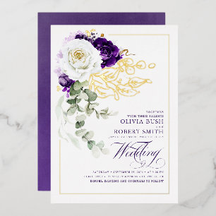 Invitación Con Relieve Metalizado Boda Boho Floral Morada y Blanca de Berenjena