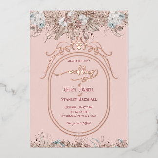 Invitación Con Relieve Metalizado boda boho floral rosa oro