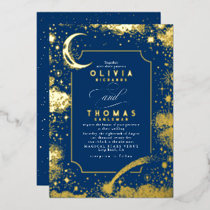 Invitación Con Relieve Metalizado Boda Boho Mística Media Luna Noche Estrellada