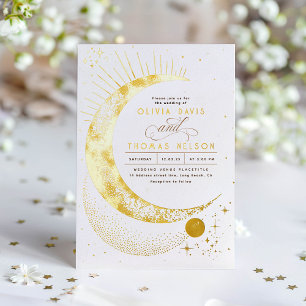 Invitación Con Relieve Metalizado Boda Boho Mística Media Luna Noche Estrellada