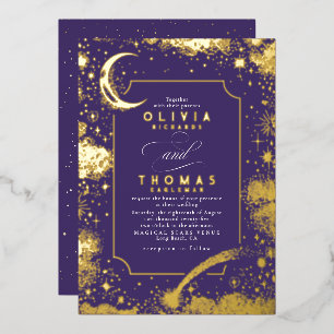 Invitación Con Relieve Metalizado Boda Boho Mística Media Luna Noche Estrellada