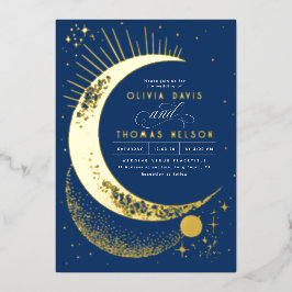 Invitación Con Relieve Metalizado Boda Boho Mística Media Luna Noche Estrellada