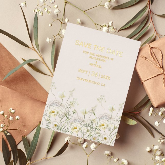 Invitación Con Relieve Metalizado Boda Boho Neutro con Aquarela de Flor Silvestre Bl (Subido por el creador)