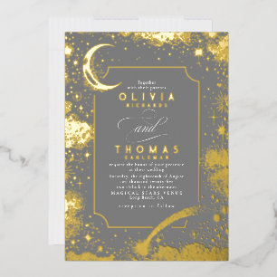 Invitación Con Relieve Metalizado Boda Boho Noche de Luna Creciente Mística y Estrel