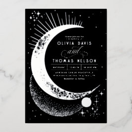 Invitación Con Relieve Metalizado Boda Boho Noche de Luna Creciente Mística y Estrel