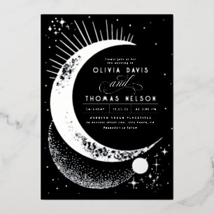 Invitación Con Relieve Metalizado Boda Boho Noche de Luna Creciente Mística y Estrel