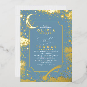 Invitación Con Relieve Metalizado Boda Boho Nocturna de Luna Creciente Mística