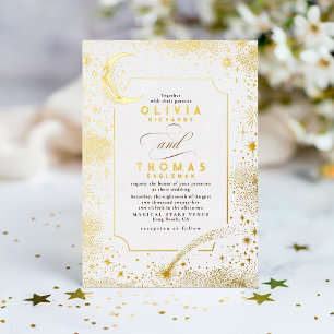 Invitación Con Relieve Metalizado Boda Boho Nocturna de Luna Creciente Mística