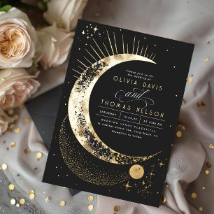 Invitación Con Relieve Metalizado Boda Boho Nocturna de Luna Creciente Mística y Est