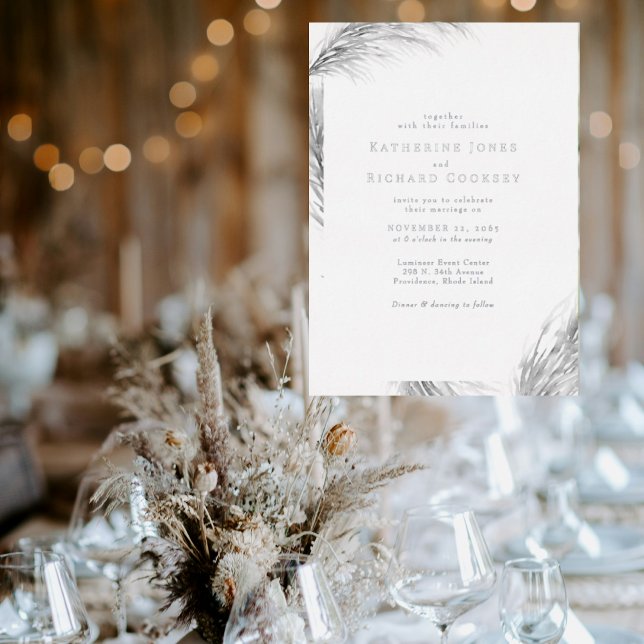 Invitación Con Relieve Metalizado Boda Boho Pampas Plata (Subido por el creador)