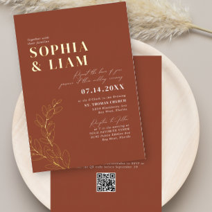 Invitación Con Relieve Metalizado Boda Boho Terracota con código QR de RSVP