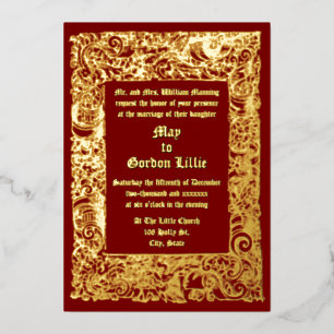 Invitación Con Relieve Metalizado Boda Borde de Xilografía Renacimiento Medieval