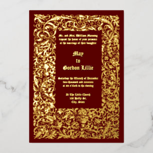 Invitación Con Relieve Metalizado Boda Bordes de Follaje Medieval Renacimiento