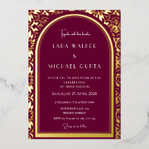 Invitación Con Relieve Metalizado Boda Borgoña (Punteada Retro)