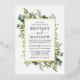 Invitación Con Relieve Metalizado Boda Botánica Acuarela Verde Dorado