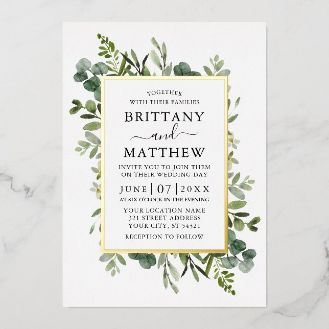 Invitación Con Relieve Metalizado Boda Botánica Acuarela Verde Dorado (Anverso)