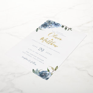 Invitación Con Relieve Metalizado Boda Botánica Azul Polvoriento