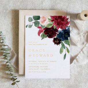 Invitación Con Relieve Metalizado Boda botánica con acuarela en burgundy y azul mari