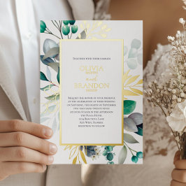 Invitación Con Relieve Metalizado Boda Botánica de Eucalipto Jardín Verde Dorado