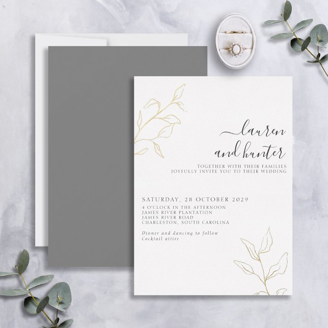 Invitación Con Relieve Metalizado Boda Botánica de Guión Gris Oro (Subido por el creador)