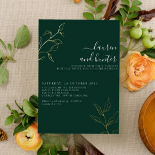 Invitación Con Relieve Metalizado Boda Botánica de Guión Verde Esmeralda Moderno Dor