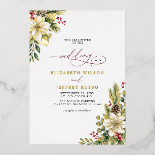 Invitación Con Relieve Metalizado Boda Botánica de Navidad con Poinsettias y Piñas