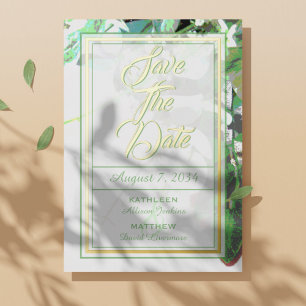 Invitación Con Relieve Metalizado Boda Botánica de Verde y Floral Save The Date