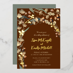 Invitación Con Relieve Metalizado Boda Botánica de Vino Burgundy Elegante con Salvia