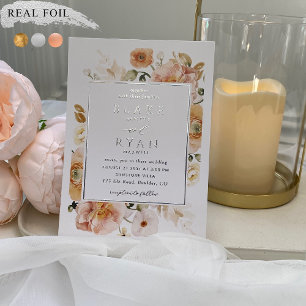 Invitación Con Relieve Metalizado Boda Botánica Elegante de Melocotón Real, Rubor