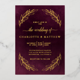 Invitación Con Relieve Metalizado Boda Botánica Elegante en Burgundy y Dorado