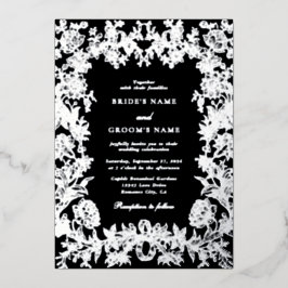Invitación Con Relieve Metalizado Boda Botánica Floral de Hoja de Plata Real Negra