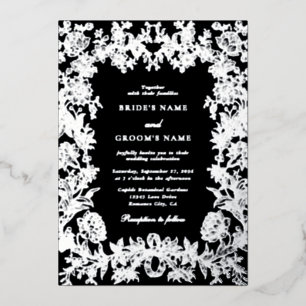 Invitación Con Relieve Metalizado Boda Botánica Floral de Hoja de Plata Real Negra