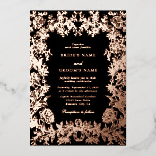 Invitación Con Relieve Metalizado Boda Botánica Floral de Oro Rosa Real Negro