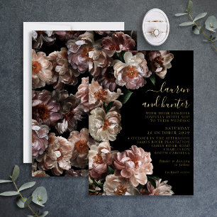 Invitación Con Relieve Metalizado Boda Botánica Floral Rosa Oscuro Moderno Dorado
