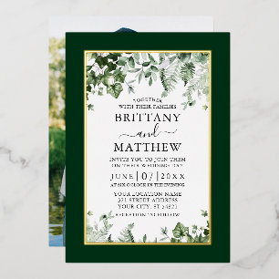 Invitación Con Relieve Metalizado Boda Botánica Hiedra Salvia Helechos Foto Oro