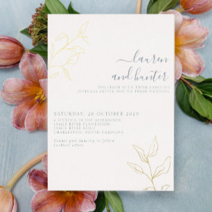 Invitación Con Relieve Metalizado Boda Botánica Moderna en Azul Polvoriento con Letr