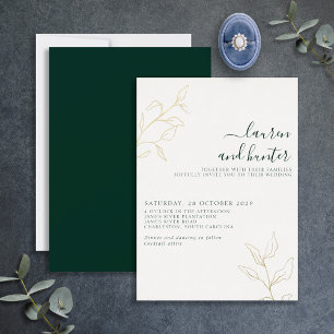 Invitación Con Relieve Metalizado Boda Botánica Moderna en Verde Esmeralda y Dorado